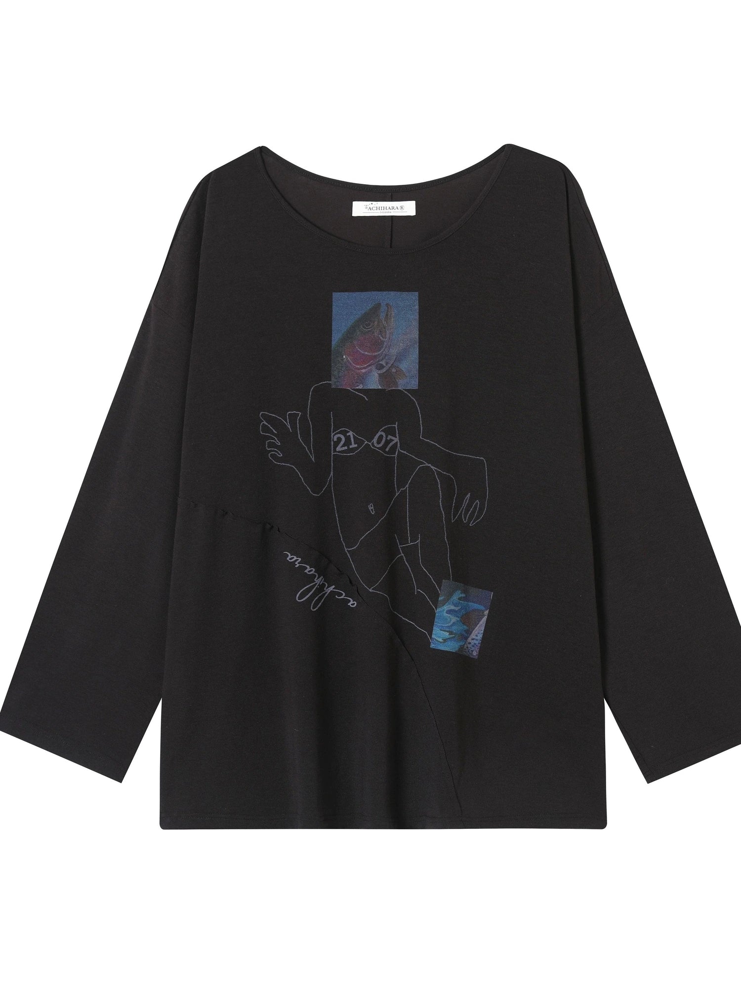 Fish Asymmetric Collar Loose Long-Sleeved T-Shirt