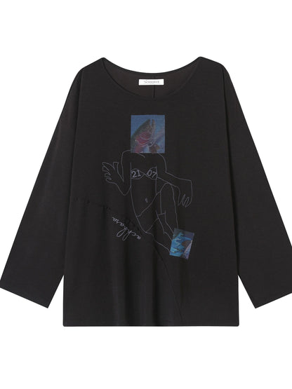 Fish Asymmetric Collar Loose Long-Sleeved T-Shirt