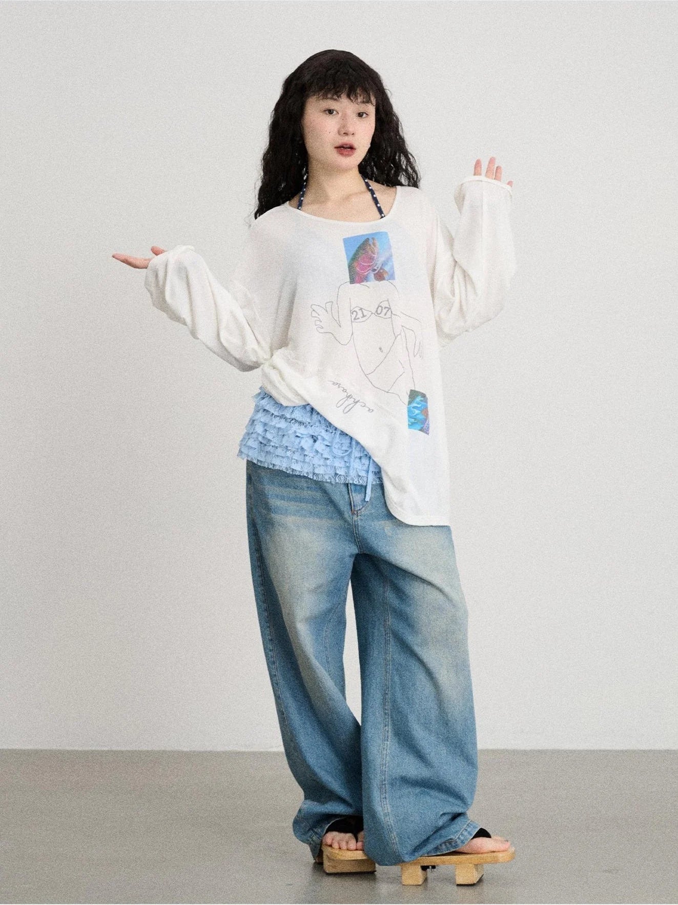 Fish Asymmetric Collar Loose Long-Sleeved T-Shirt