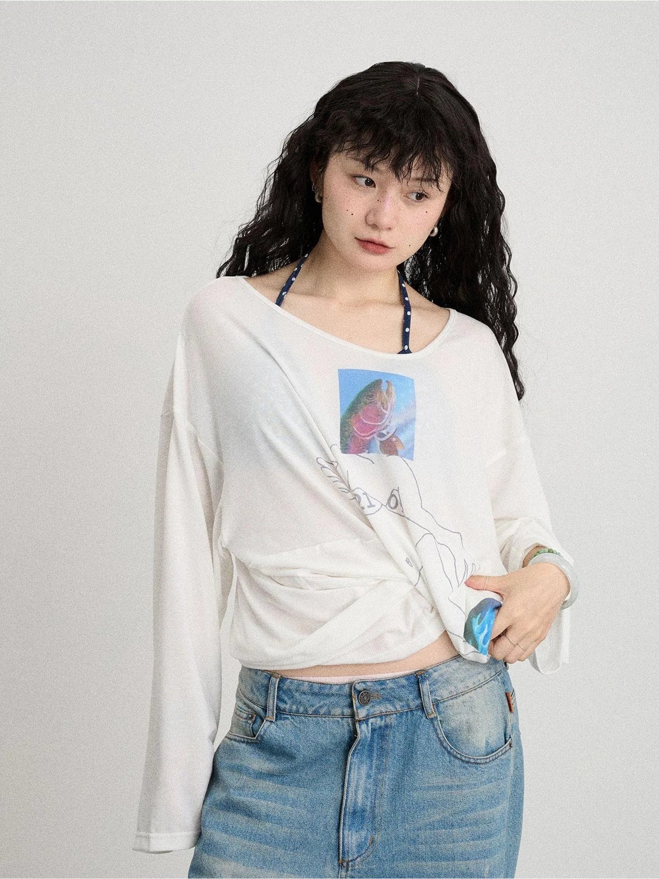 Fish Asymmetric Collar Loose Long-Sleeved T-Shirt