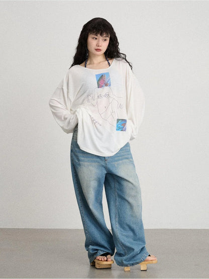 Fish Asymmetric Collar Loose Long-Sleeved T-Shirt