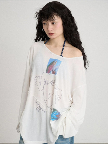 Fish Asymmetric Collar Loose Long-Sleeved T-Shirt