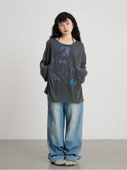 Fish Asymmetric Collar Loose Long-Sleeved T-Shirt