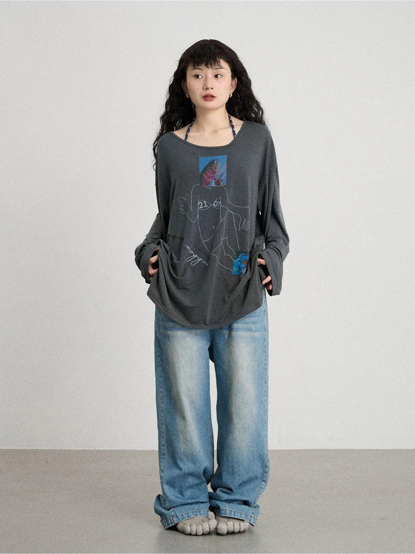 Fish Asymmetric Collar Loose Long-Sleeved T-Shirt