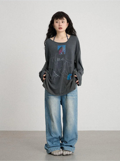 Fish Asymmetric Collar Loose Long-Sleeved T-Shirt