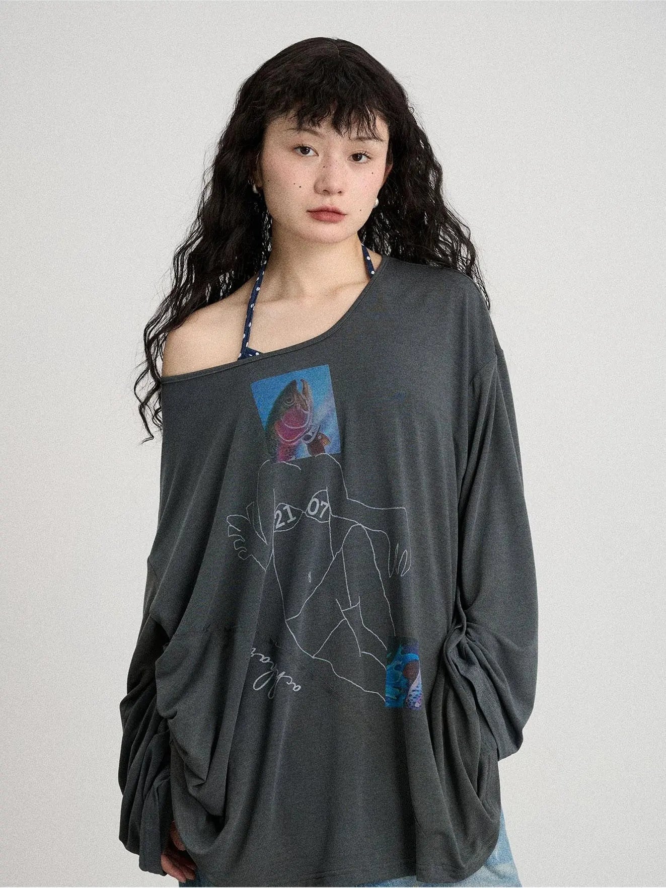 Fish Asymmetric Collar Loose Long-Sleeved T-Shirt