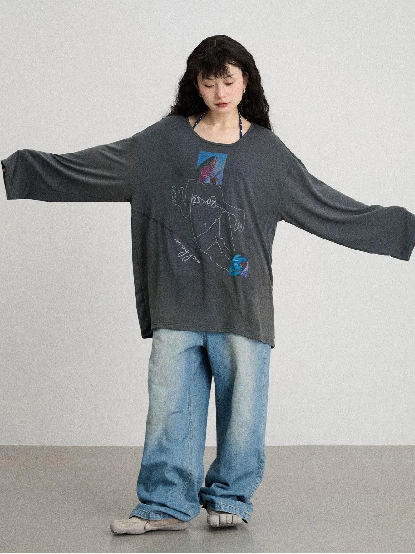 Fish Asymmetric Collar Loose Long-Sleeved T-Shirt