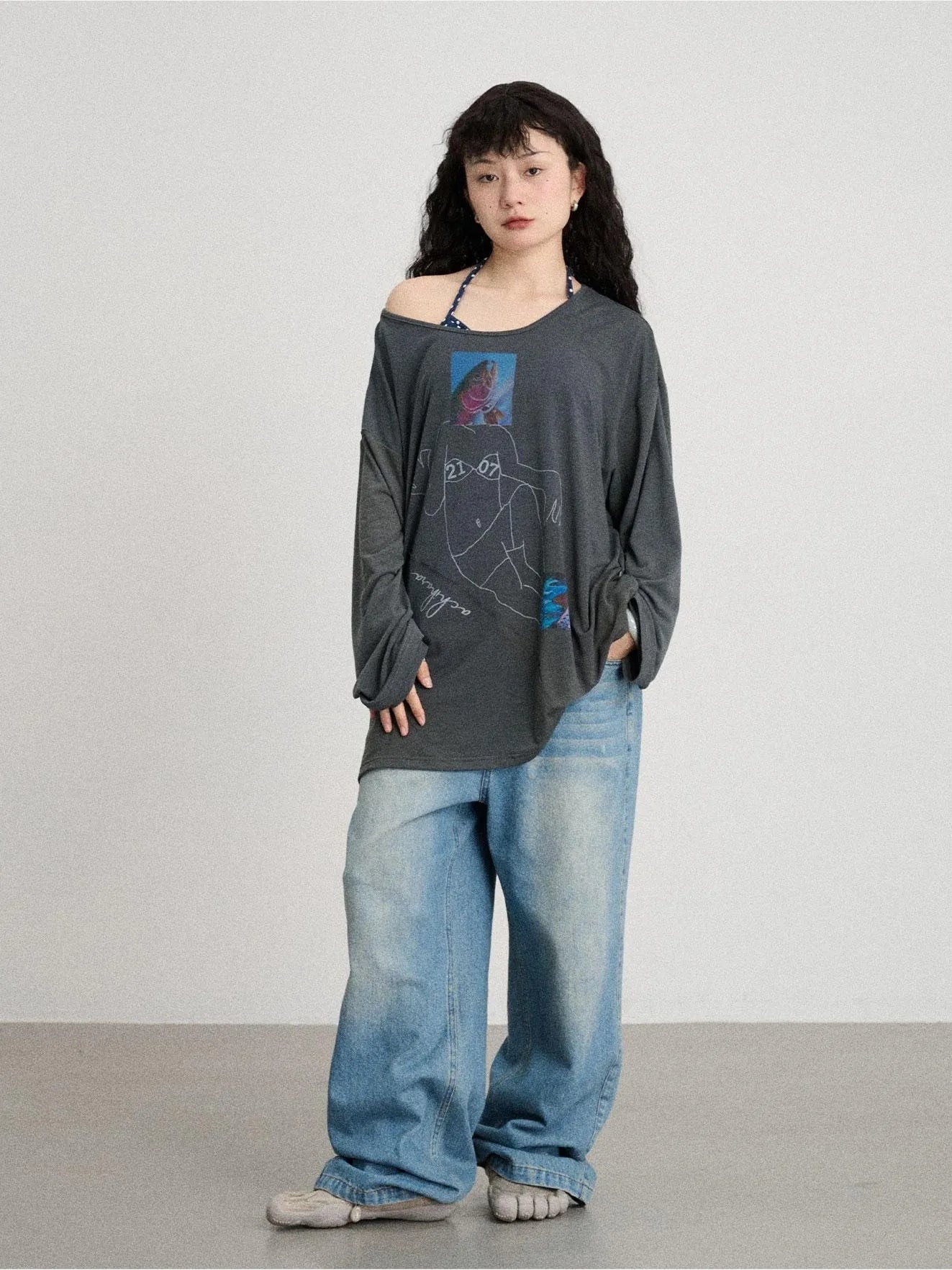 Fish Asymmetric Collar Loose Long-Sleeved T-Shirt