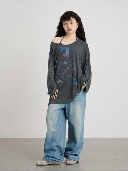 Fish Asymmetric Collar Loose Long-Sleeved T-Shirt