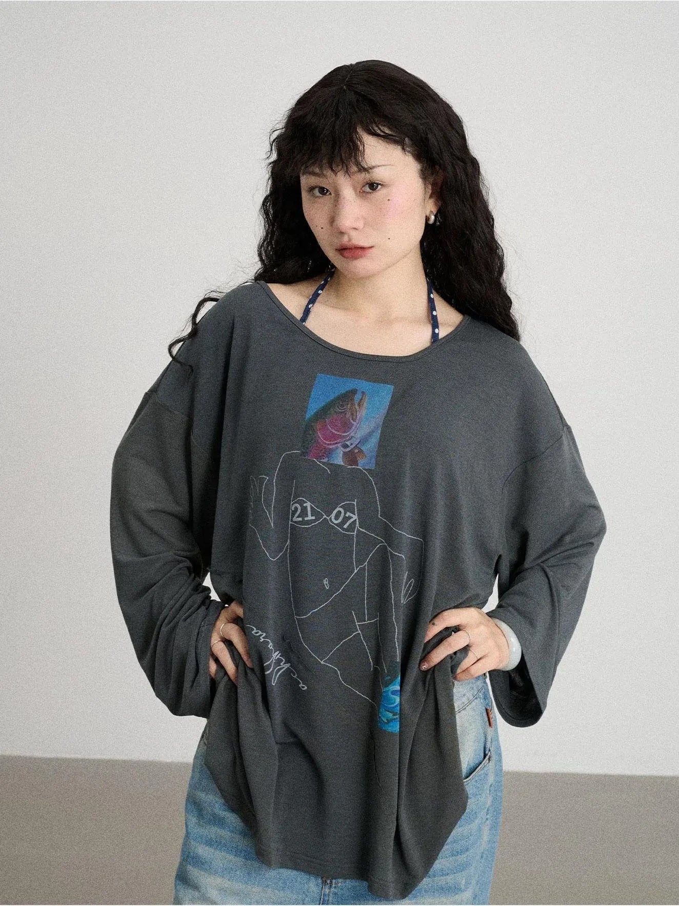 Fish Asymmetric Collar Loose Long-Sleeved T-Shirt