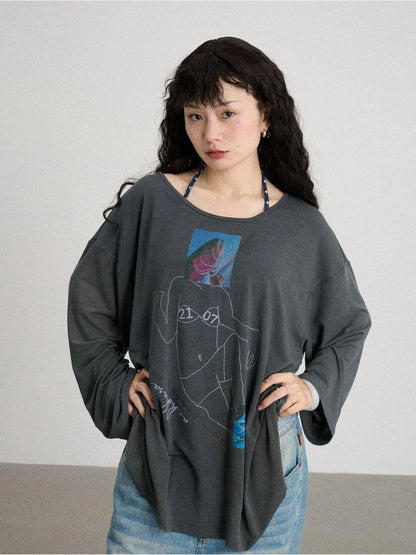 Fish Asymmetric Collar Loose Long-Sleeved T-Shirt