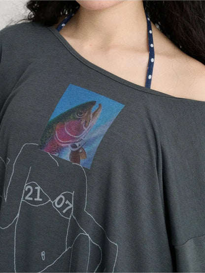 Fish Asymmetric Collar Loose Long-Sleeved T-Shirt
