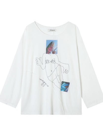 Fish Asymmetric Collar Loose Long-Sleeved T-Shirt