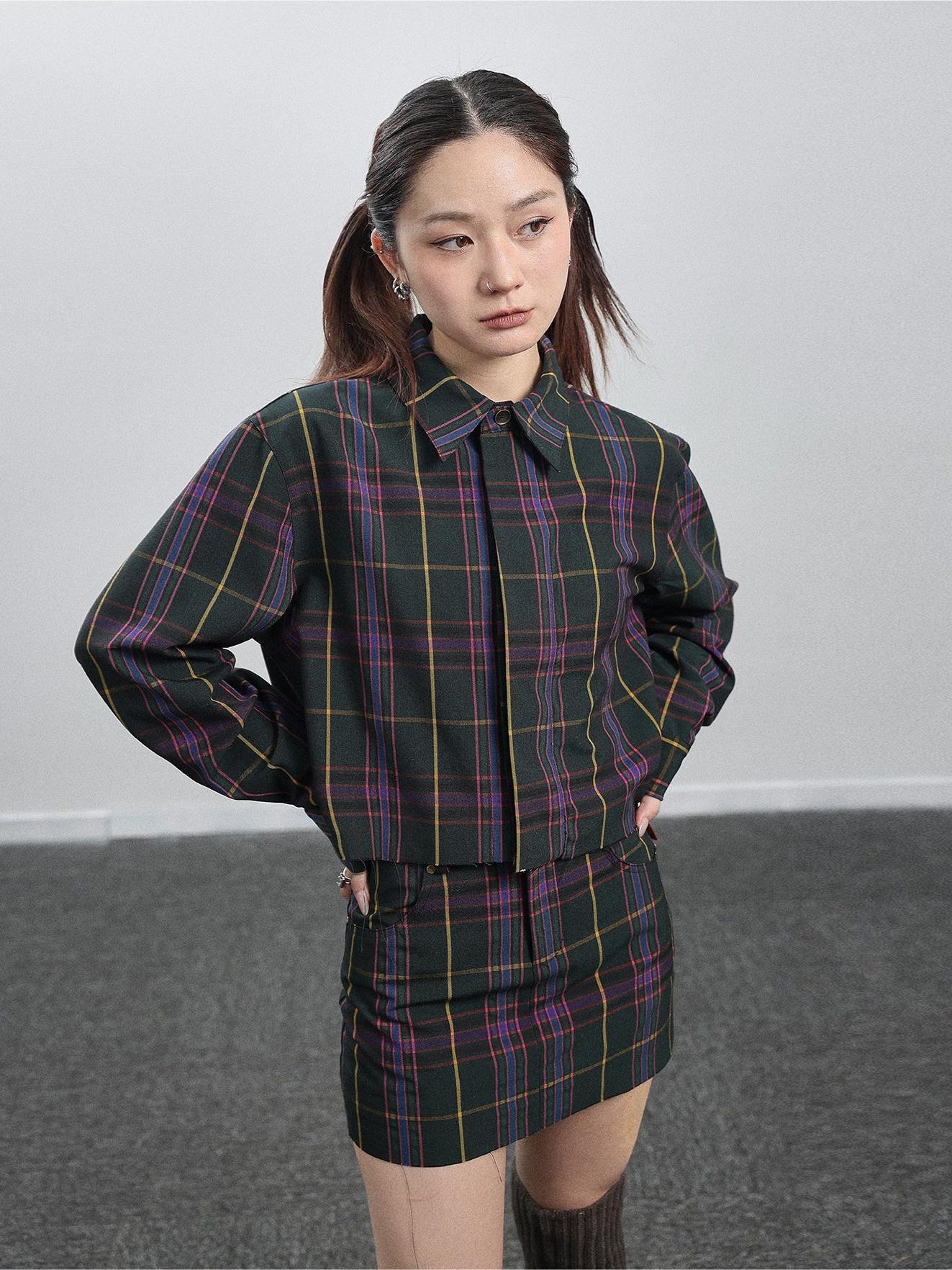 Achihara Shirt  WomenS Skirt  Two Short Skirts  Half Hip Hugging Plaid Unique Top  Super Beautiful Set 26