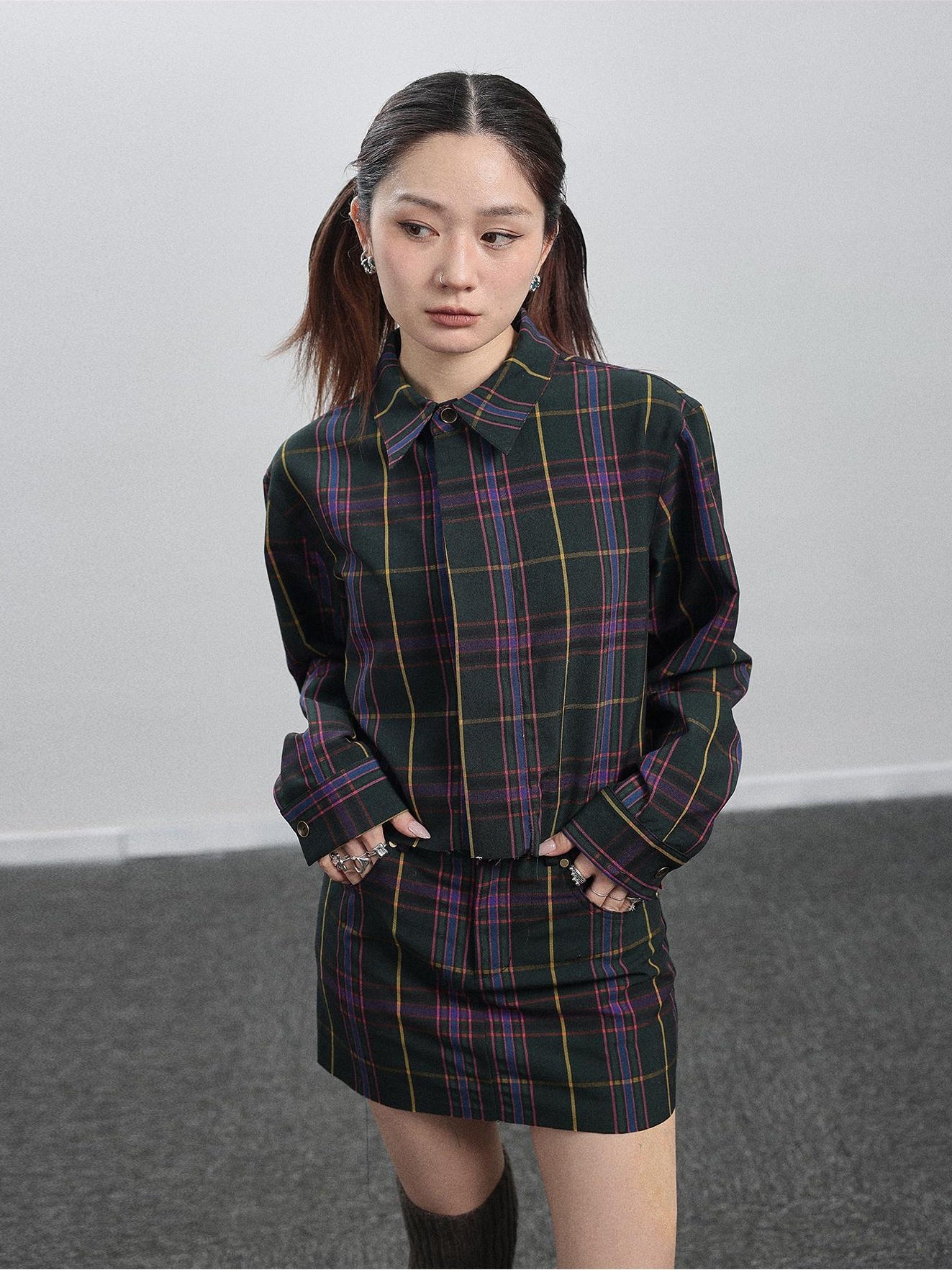 Achihara Shirt  WomenS Skirt  Two Short Skirts  Half Hip Hugging Plaid Unique Top  Super Beautiful Set 27