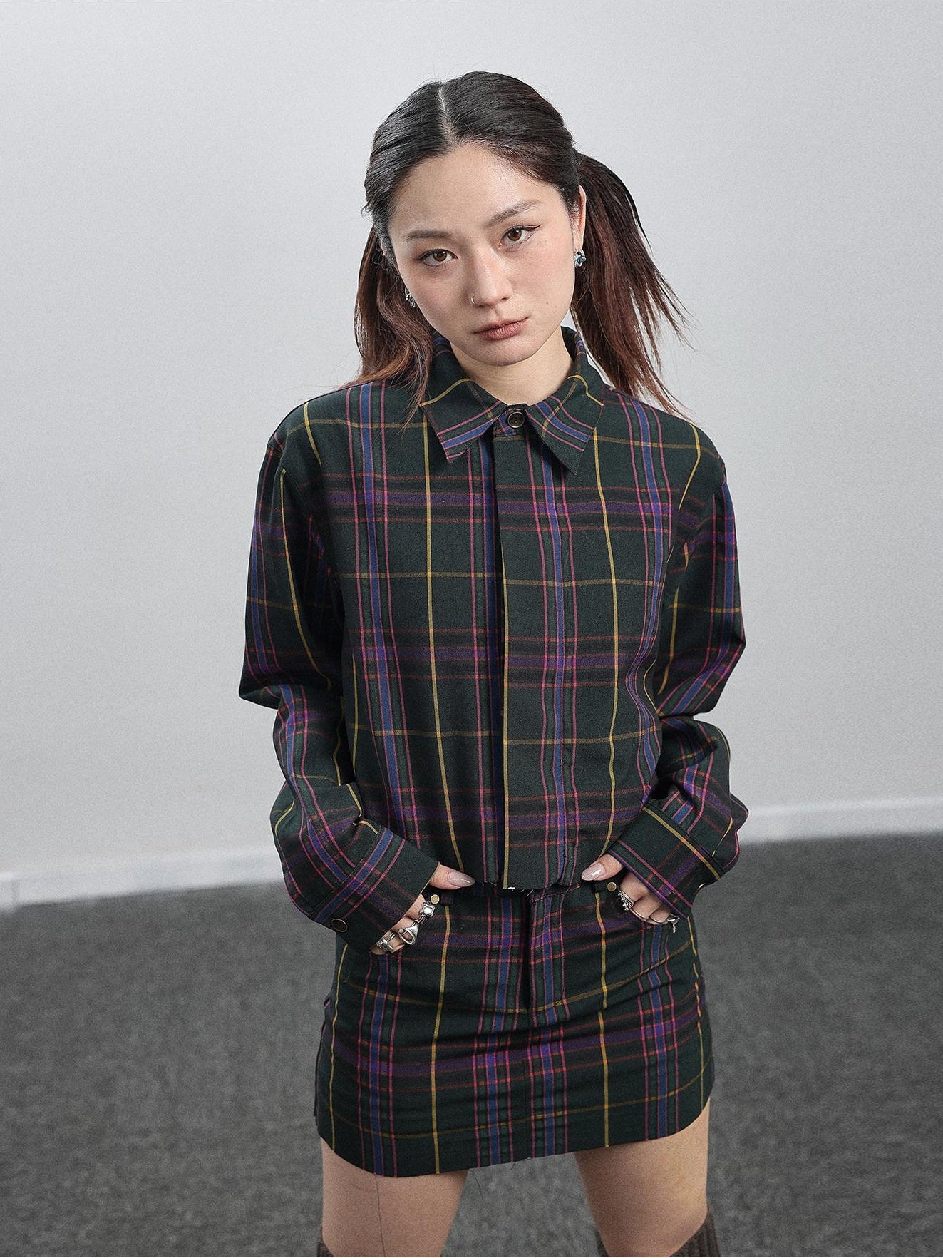 Achihara Shirt  WomenS Skirt  Two Short Skirts  Half Hip Hugging Plaid Unique Top  Super Beautiful Set 29