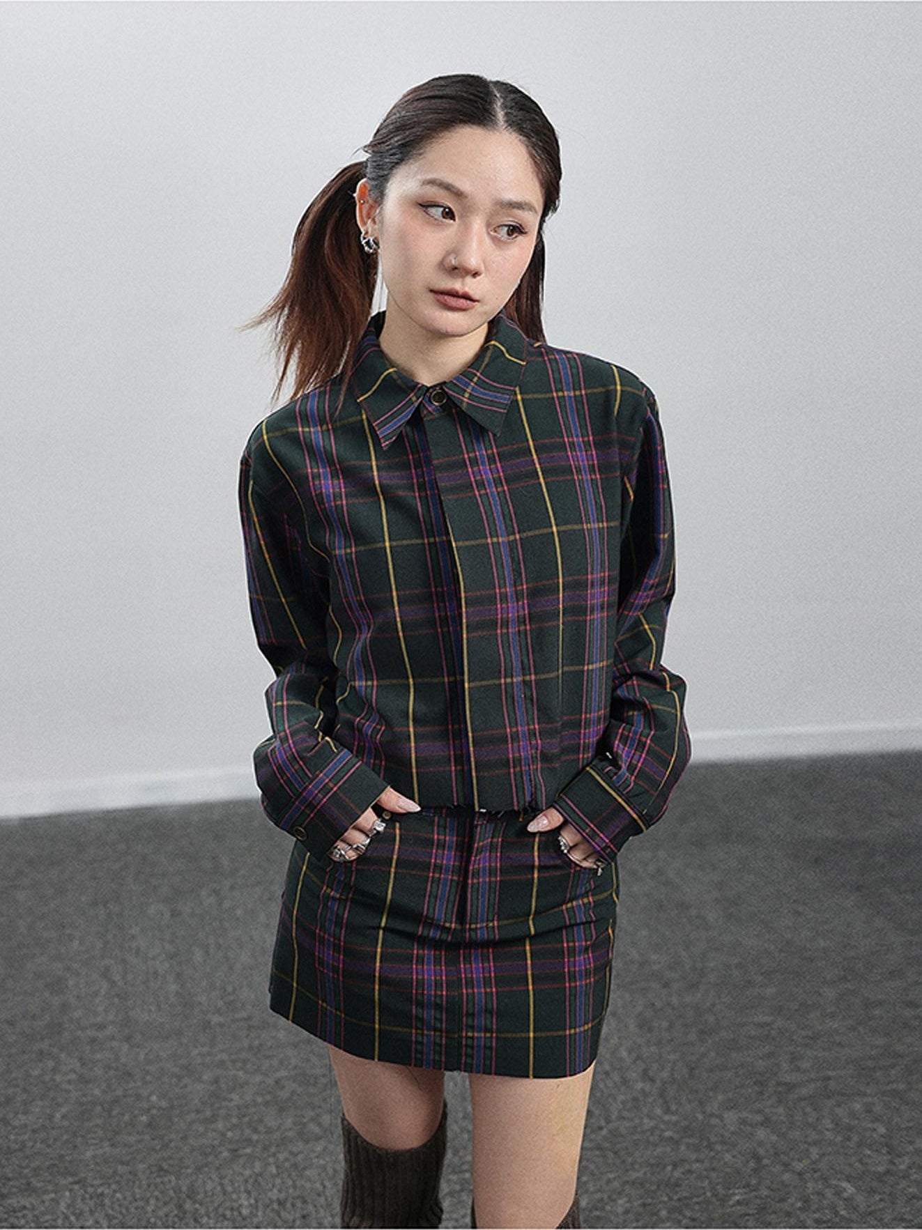 Achihara Shirt  WomenS Skirt  Two Short Skirts  Half Hip Hugging Plaid Unique Top  Super Beautiful Set 31