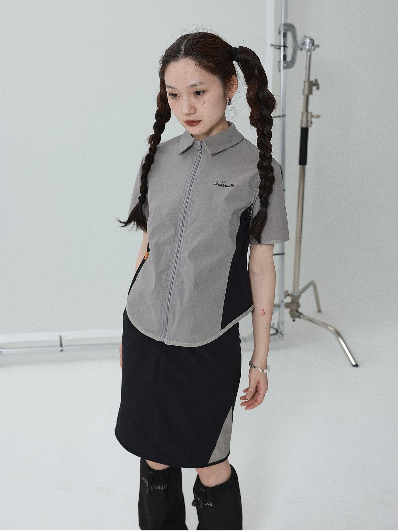 Achihara Top WomenS Skirt Paired With Short Sleeved Patchwork Black 2024 New Summer And Autumn Shirt Half Set 36