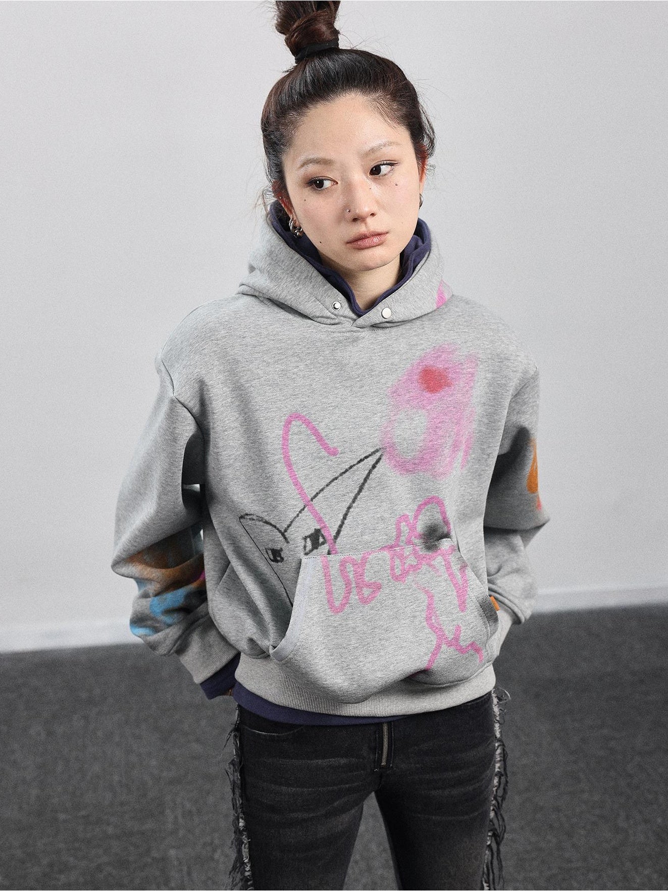 Achihara Top WomenS Winter Hooded 2024 New Item Can Be Worn As A Bottom Layer  Shoulder Pads  Colorful Graffiti Autumn Hoodie 25