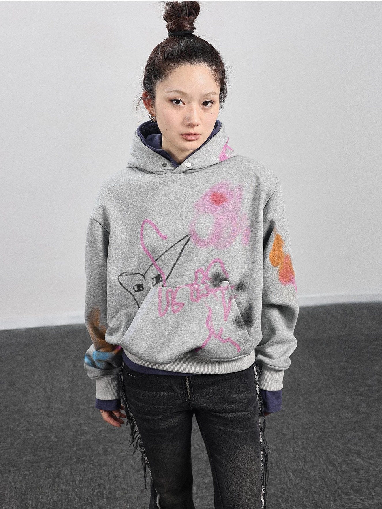 Achihara Top WomenS Winter Hooded 2024 New Item Can Be Worn As A Bottom Layer  Shoulder Pads  Colorful Graffiti Autumn Hoodie 27