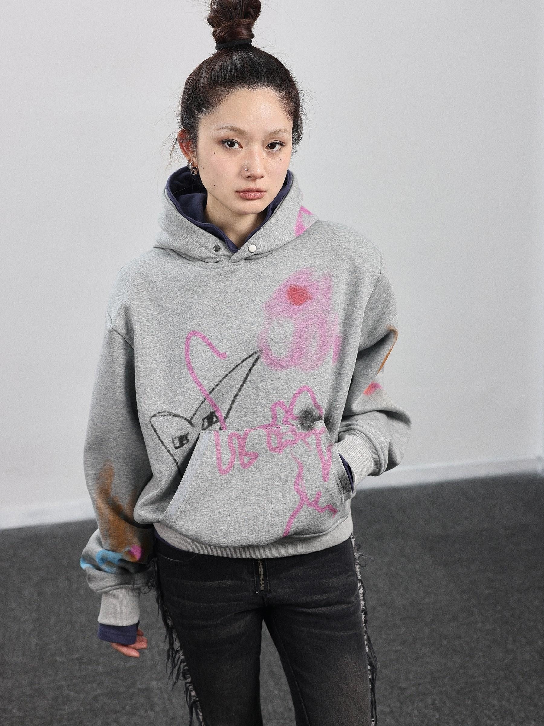 Achihara Top WomenS Winter Hooded 2024 New Item Can Be Worn As A Bottom Layer  Shoulder Pads  Colorful Graffiti Autumn Hoodie 9