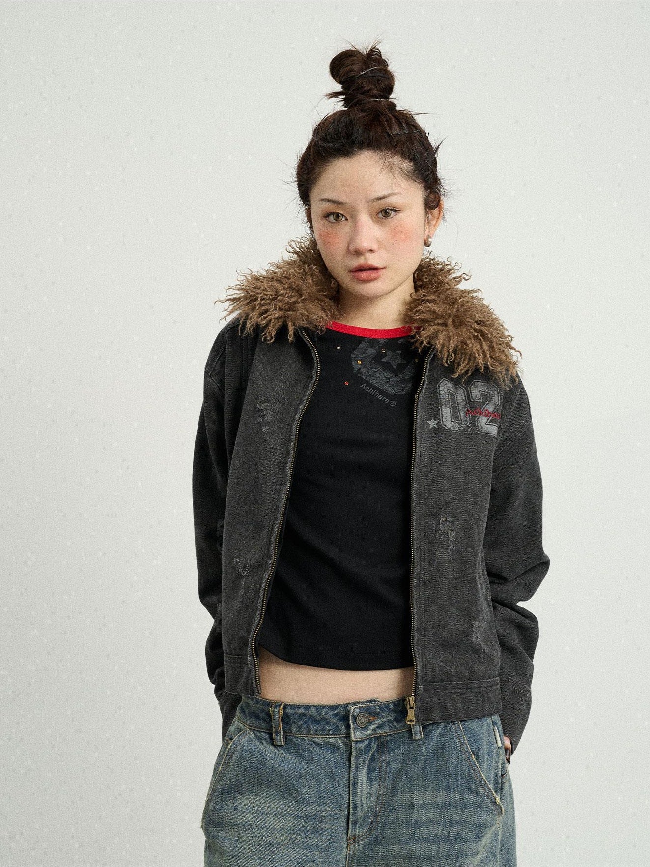 Achihara Winter Ambiguous Letter Jacket WomenS Winter 2024 New Short Hair Collar Top Coat 23