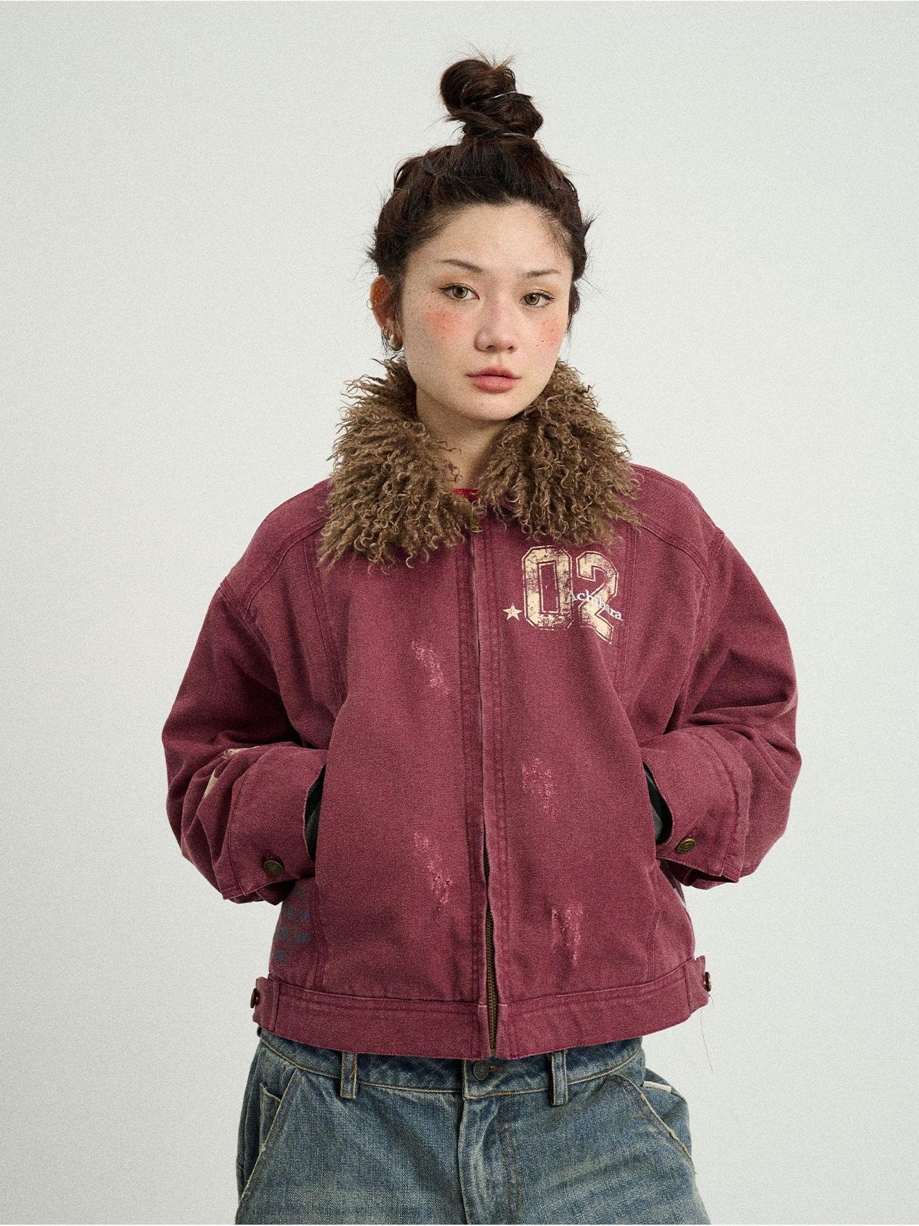 Achihara Winter Ambiguous Letter Jacket WomenS Winter 2024 New Short Hair Collar Top Coat 34