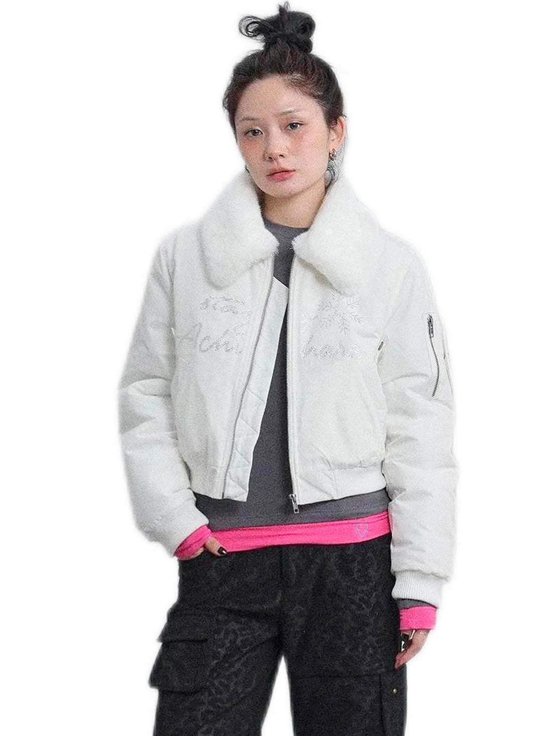 Achihara Winter Collar Cotton Jacket Jacket 2024 New White And Black Winter Short 31