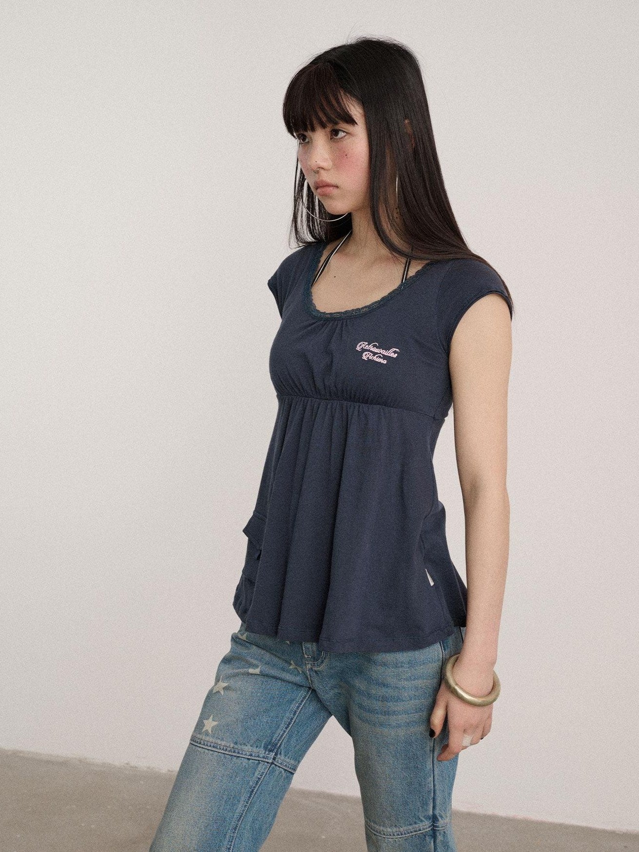 Achihara 100% Cotton Crew Neck Straight Fit Commuter Women Navy Short Sleeve T-Shirts