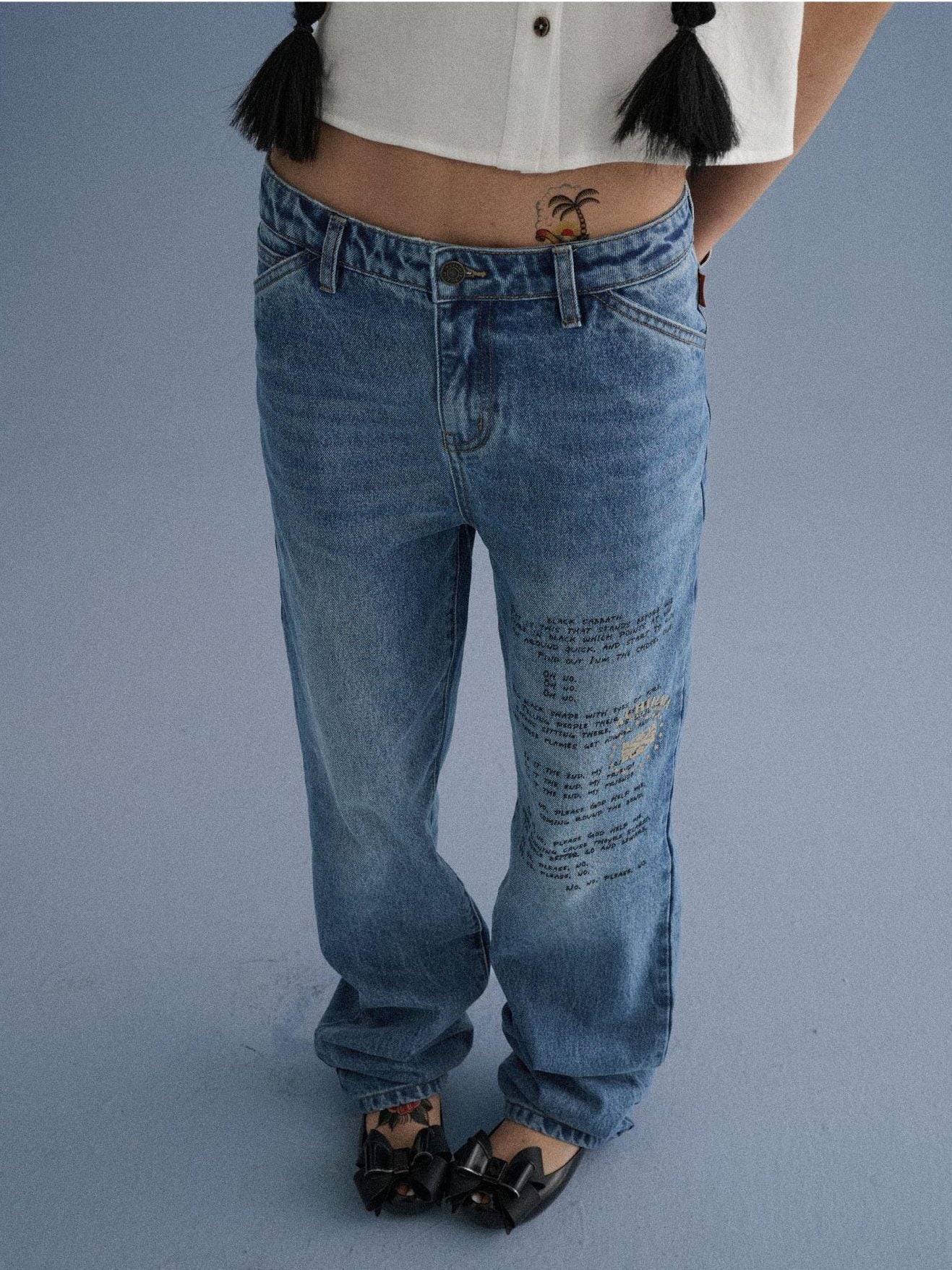 Achihara 100% Cotton Microstretch Tapered Natural Waist Printed Blue Girls Straight Jeans