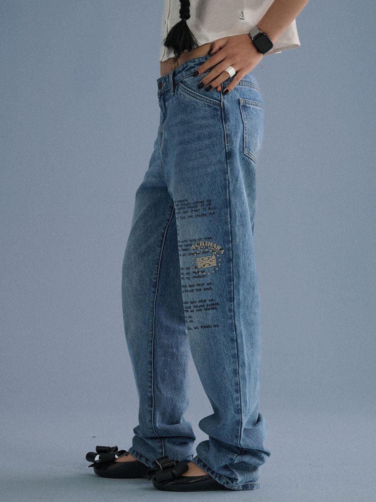 Achihara 100% Cotton Microstretch Tapered Natural Waist Printed Blue Girls Straight Jeans