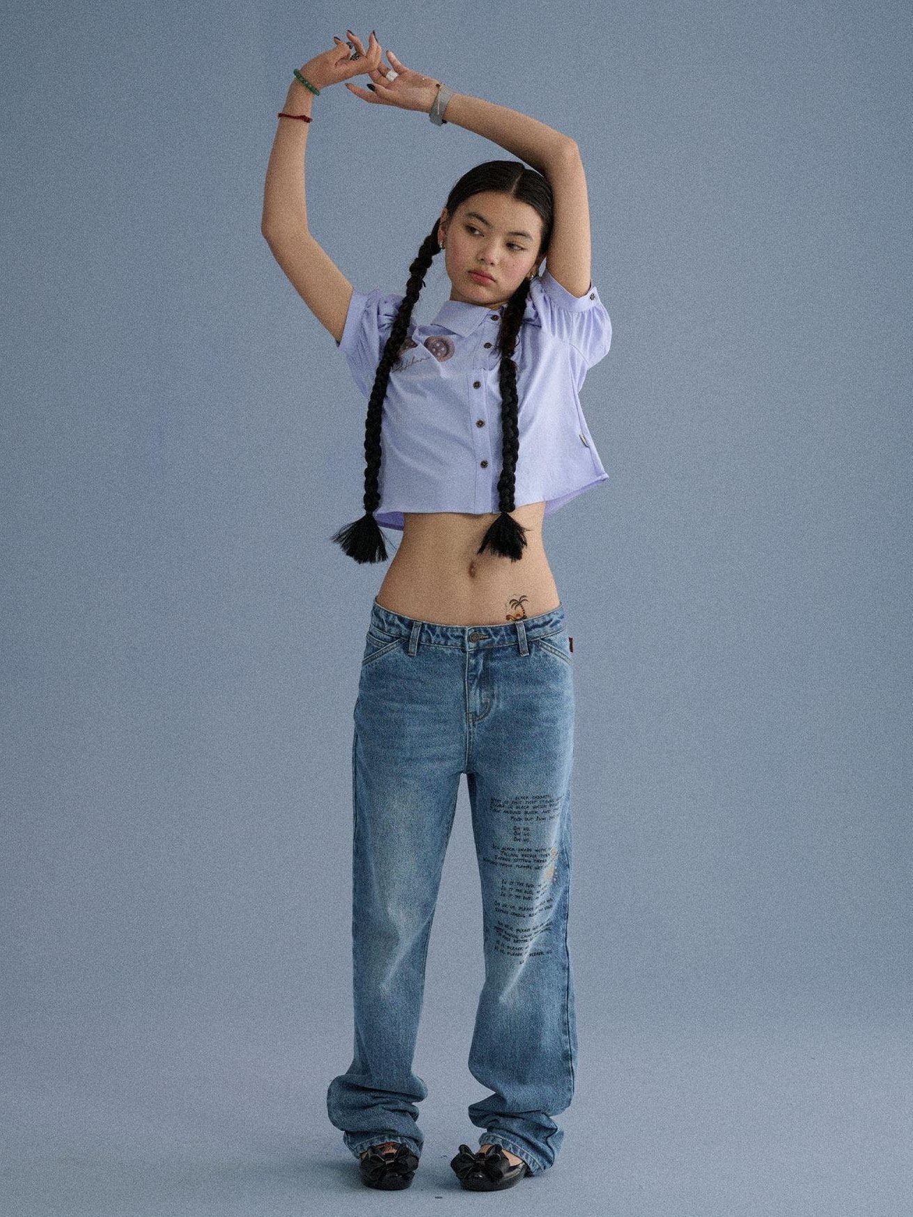 Achihara 100% Cotton Microstretch Tapered Natural Waist Printed Blue Girls Straight Jeans