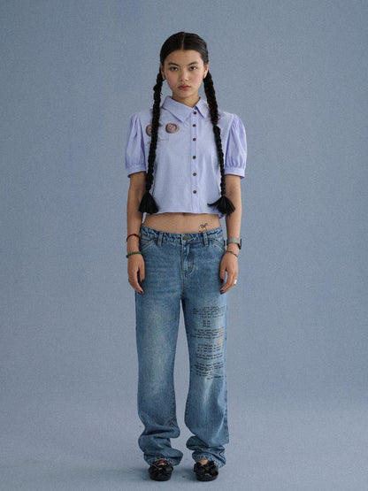 Achihara 100% Cotton Microstretch Tapered Natural Waist Printed Blue Girls Straight Jeans