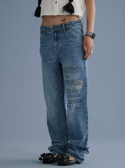 Achihara 100% Cotton Microstretch Tapered Natural Waist Printed Blue Girls Straight Jeans