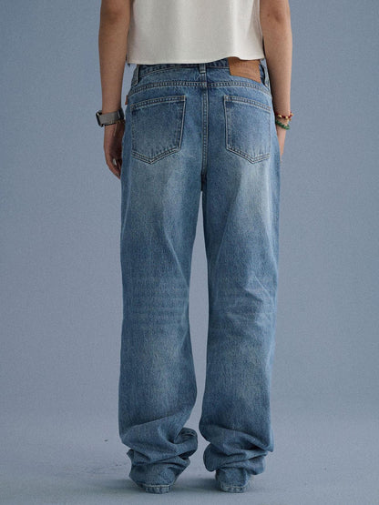 Achihara 100% Cotton Microstretch Tapered Natural Waist Printed Blue Girls Straight Jeans