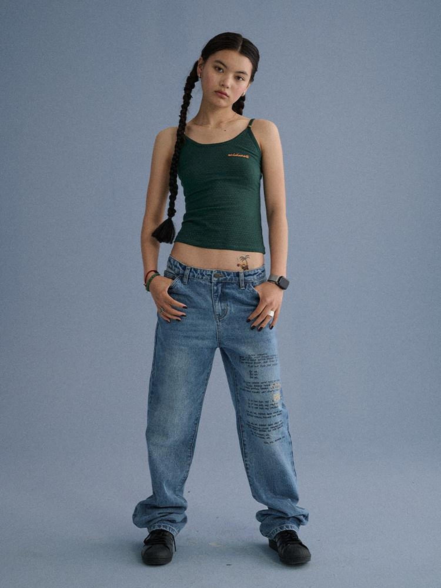 Achihara 100% Cotton Microstretch Tapered Natural Waist Printed Blue Girls Straight Jeans