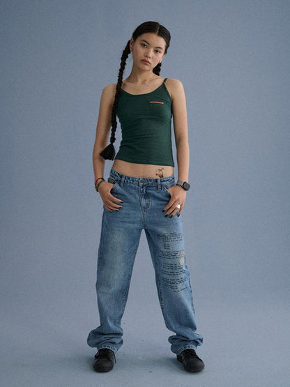 Achihara 100% Cotton Microstretch Tapered Natural Waist Printed Blue Girls Straight Jeans
