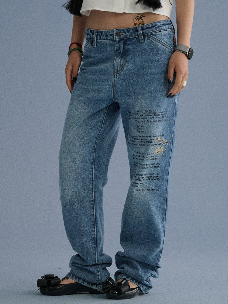 Achihara 100% Cotton Microstretch Tapered Natural Waist Printed Blue Girls Straight Jeans-2