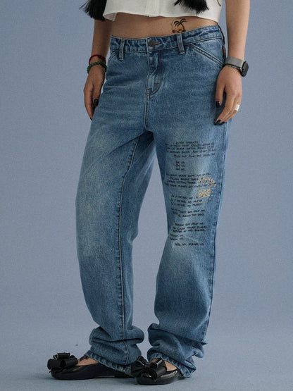 Achihara 100% Cotton Microstretch Tapered Natural Waist Printed Blue Girls Straight Jeans-2