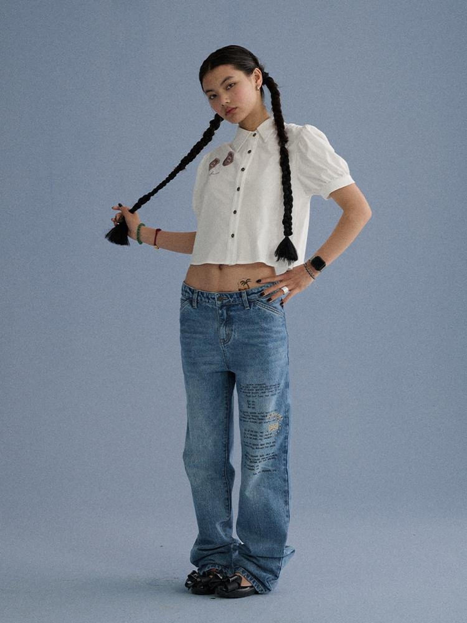 Achihara 100% Cotton Microstretch Tapered Natural Waist Printed Blue Girls Straight Jeans