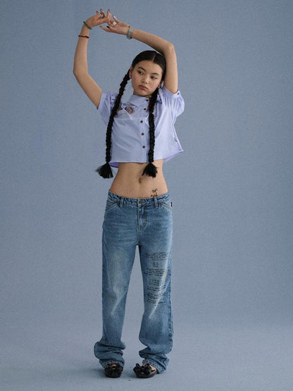 Achihara 100% Cotton Microstretch Tapered Natural Waist Printed Blue Girls Straight Jeans