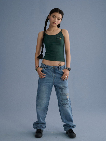 Achihara 100% Cotton Microstretch Tapered Natural Waist Printed Blue Girls Straight Jeans