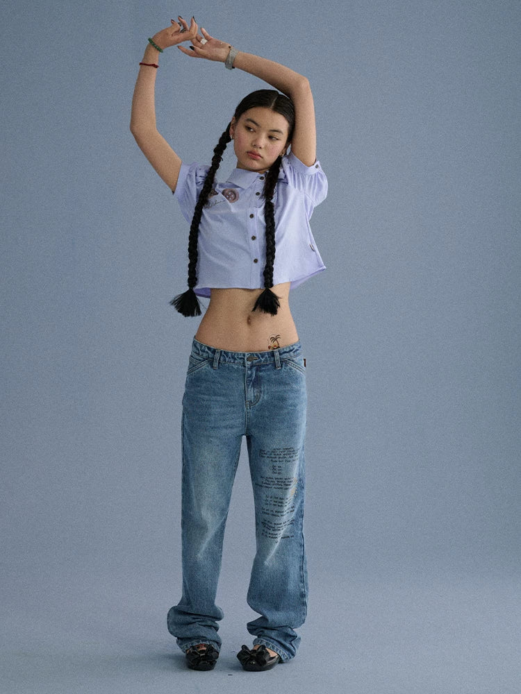 Achihara 100% Cotton Microstretch Tapered Natural Waist Printed Blue Girls Straight Jeans-5
