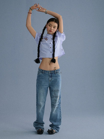 Achihara 100% Cotton Microstretch Tapered Natural Waist Printed Blue Girls Straight Jeans-5