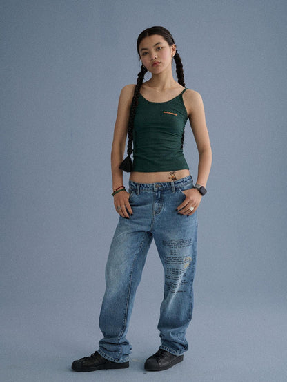 Achihara 100% Cotton Microstretch Tapered Natural Waist Printed Blue Girls Straight Jeans