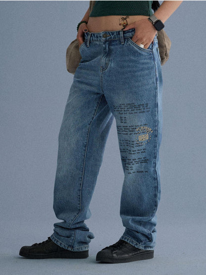 Achihara 100% Cotton Microstretch Tapered Natural Waist Printed Blue Girls Straight Jeans