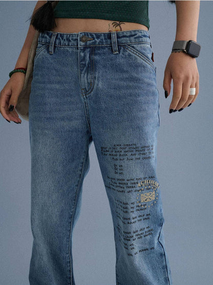 Achihara 100% Cotton Microstretch Tapered Natural Waist Printed Blue Girls Straight Jeans