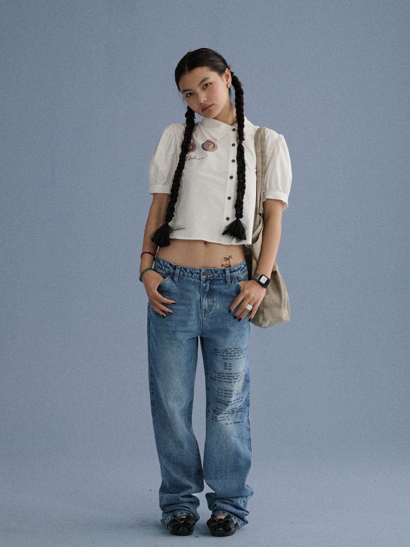 Achihara 100% Cotton Microstretch Tapered Natural Waist Printed Blue Girls Straight Jeans