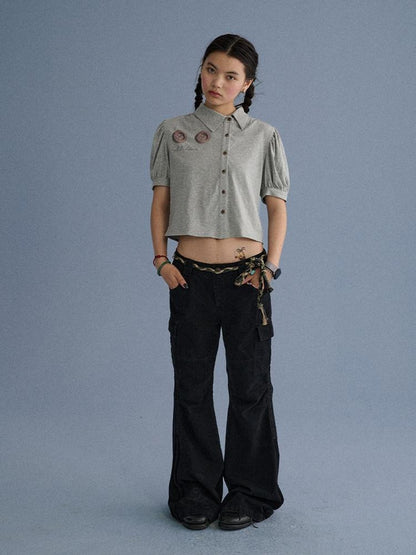 Achihara 100% Cotton Slim Fit Printed Polo Collar Office Chic Ladies T Shirt Crop Tops