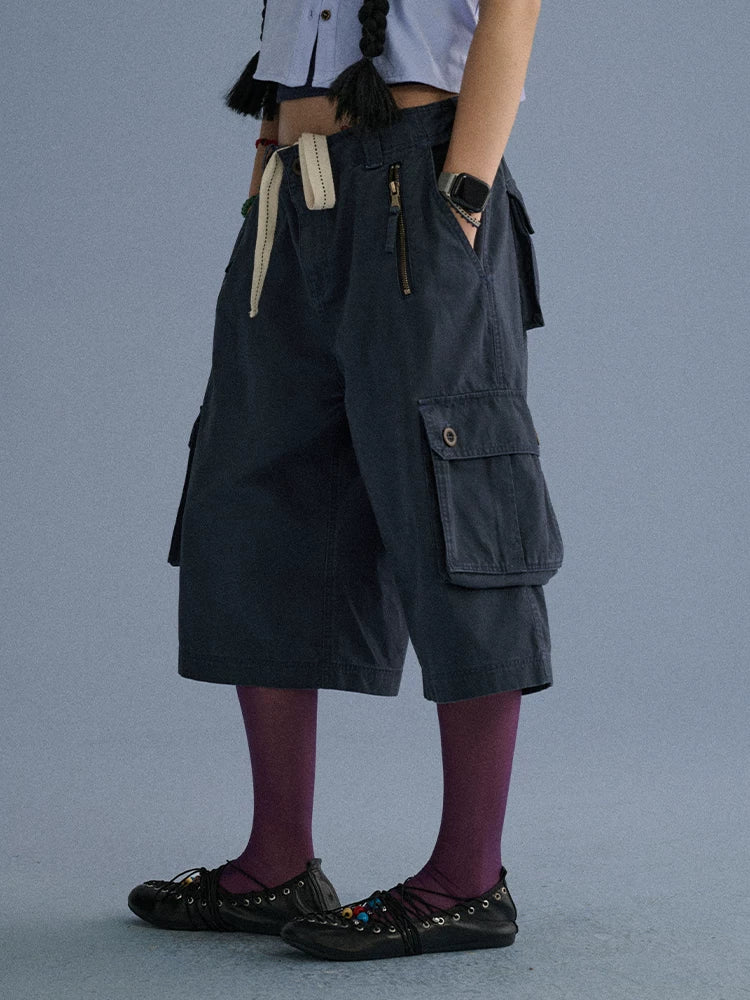 Achihara 100 Percent Cotton Pocket Commuter Natural Waist Girls Navy Grey Wide-Leg Pants-1